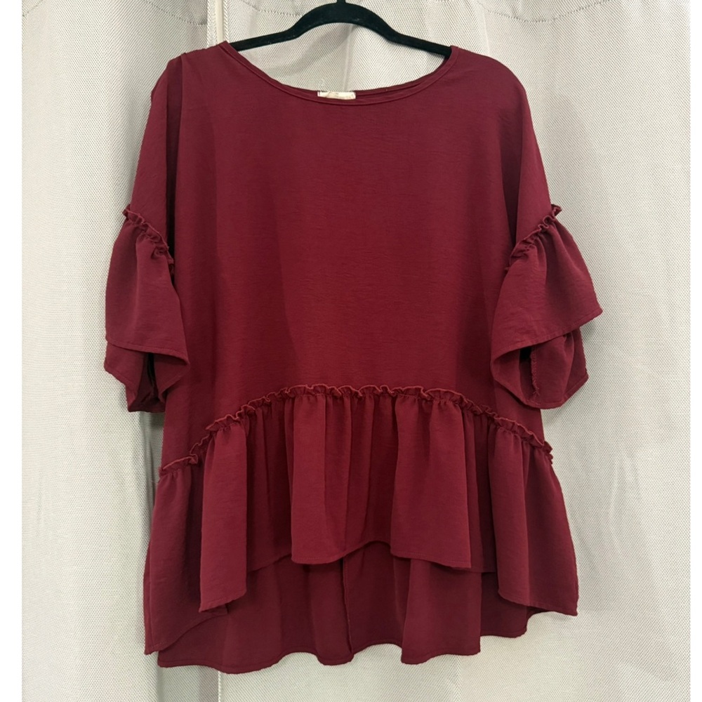 Womens Burgundy Ruffle Peplum Tunic Top